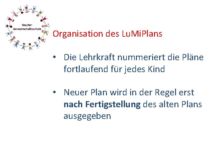 Organisation des Lu. Mi. Plans • Die Lehrkraft nummeriert die Pläne fortlaufend für jedes