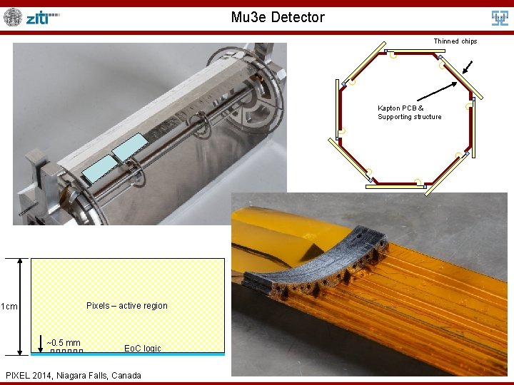 Mu 3 e Detector Thinned chips Kapton PCB & Supporting structure Pixels – active