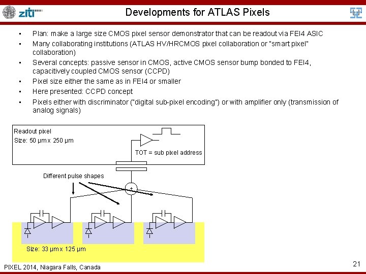 Developments for ATLAS Pixels • • • Plan: make a large size CMOS pixel
