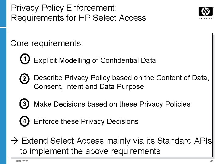 Privacy Policy Enforcement: Requirements for HP Select Access Core requirements: 1 Explicit Modelling of