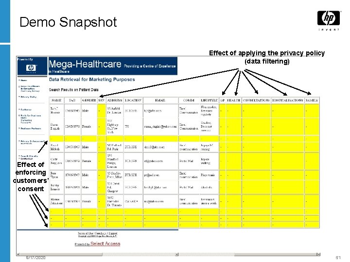 Demo Snapshot Effect of applying the privacy policy (data filtering) Effect of enforcing customers’