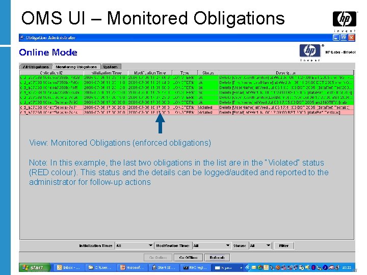 OMS UI – Monitored Obligations View: Monitored Obligations (enforced obligations) Note: In this example,