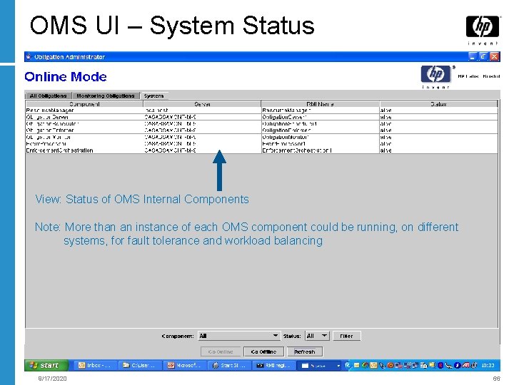 OMS UI – System Status View: Status of OMS Internal Components Note: More than