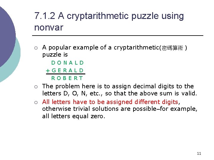 7. 1. 2 A cryptarithmetic puzzle using nonvar ¡ A popular example of a