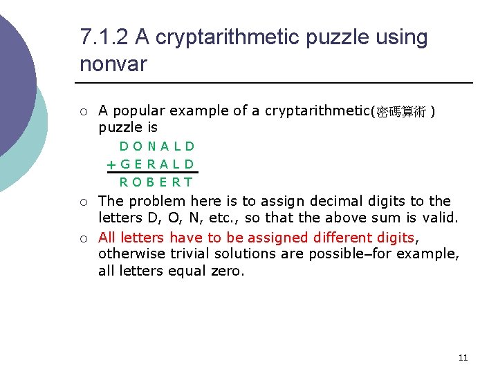 7. 1. 2 A cryptarithmetic puzzle using nonvar ¡ A popular example of a