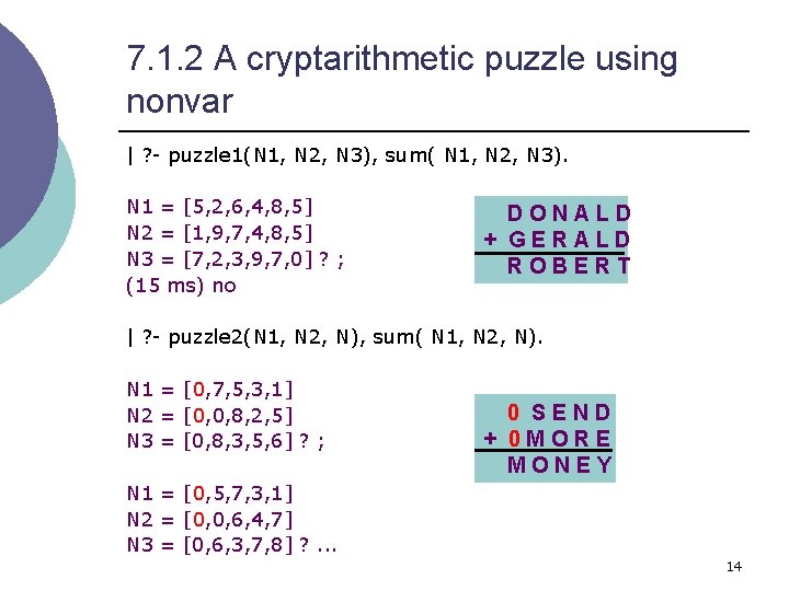 7. 1. 2 A cryptarithmetic puzzle using nonvar | ? - puzzle 1(N 1,