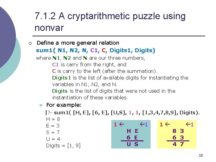 7. 1. 2 A cryptarithmetic puzzle using nonvar ¡ Define a more general relation