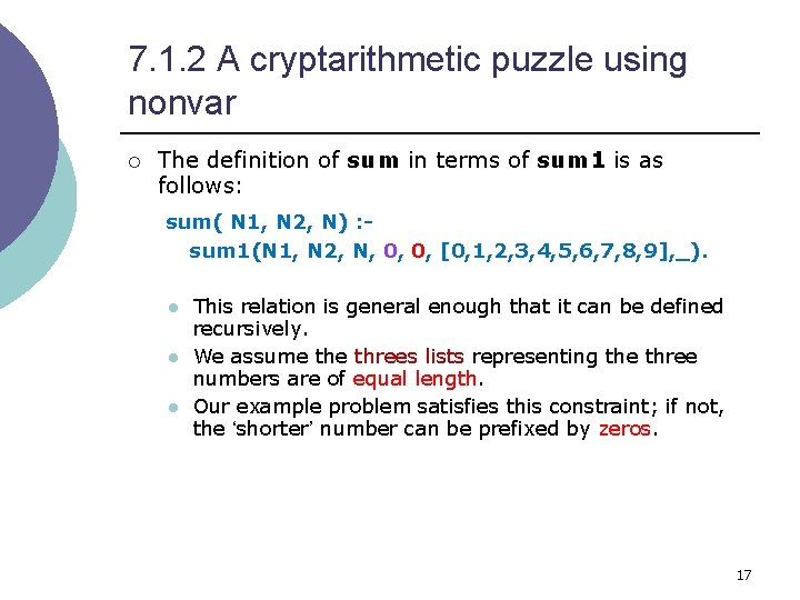 7. 1. 2 A cryptarithmetic puzzle using nonvar ¡ The definition of sum in