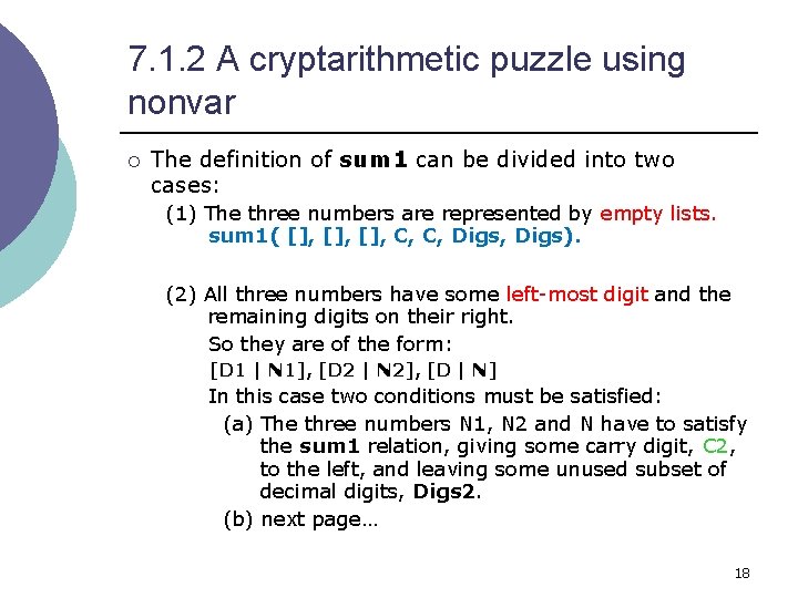 7. 1. 2 A cryptarithmetic puzzle using nonvar ¡ The definition of sum 1