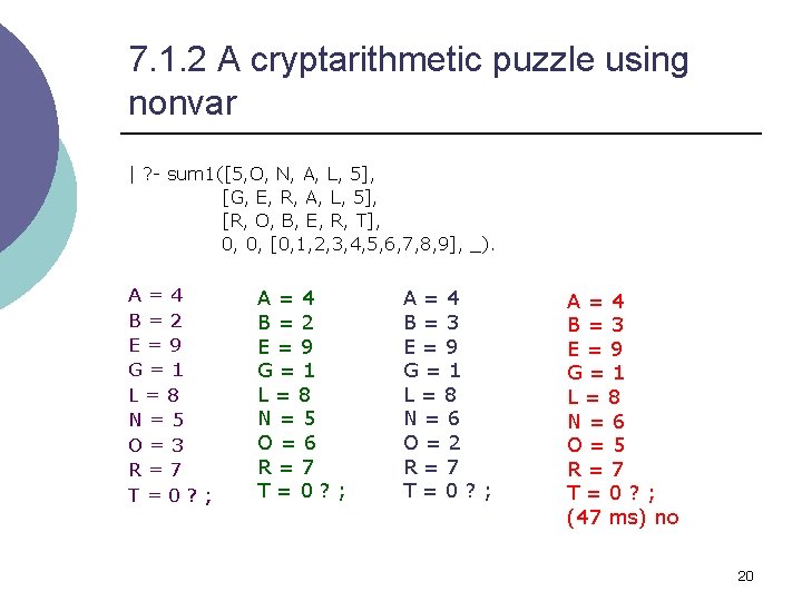 7. 1. 2 A cryptarithmetic puzzle using nonvar | ? - sum 1([5, O,