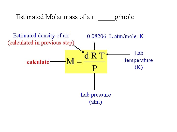 Estimated Molar mass of air: _____g/mole Estimated density of air (calculated in previous step)