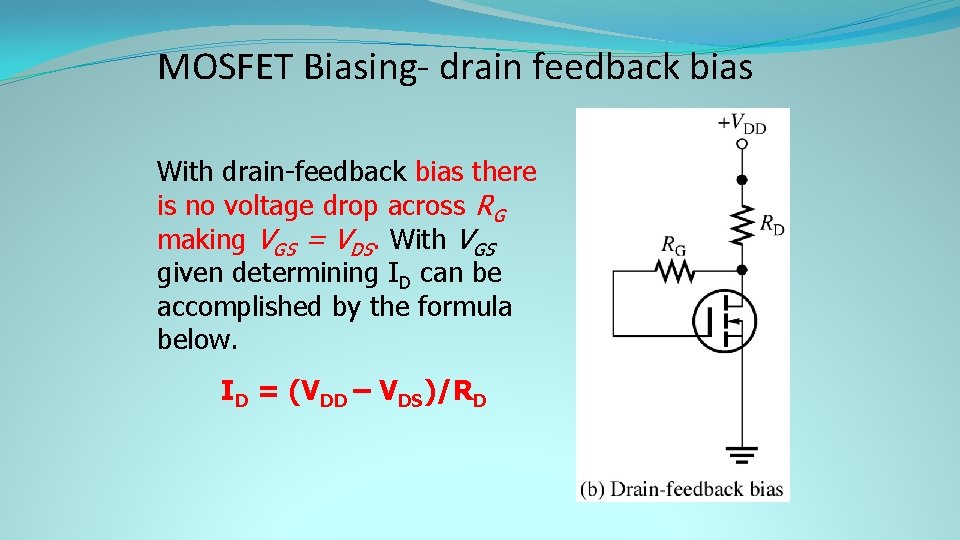 MOSFET Biasing- drain feedback bias With drain-feedback bias there is no voltage drop across