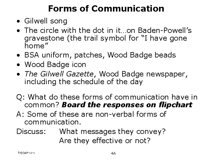 Forms of Communication • Gilwell song • The circle with the dot in it…on