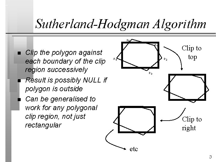 Sutherland-Hodgman Algorithm p 0 p 1 n n n Clip the polygon against each