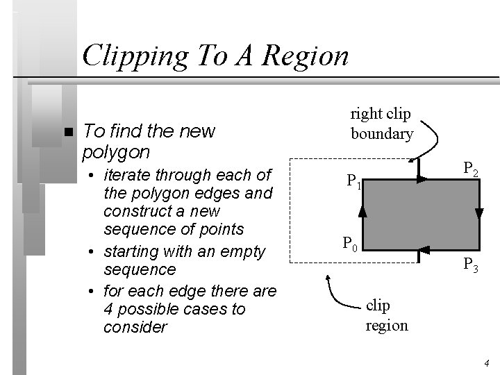 Clipping To A Region n To find the new polygon • iterate through each