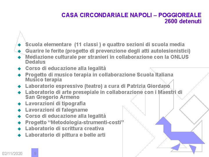 CASA CIRCONDARIALE NAPOLI – POGGIOREALE 2600 detenuti u u u u 02/11/2020 Scuola elementare