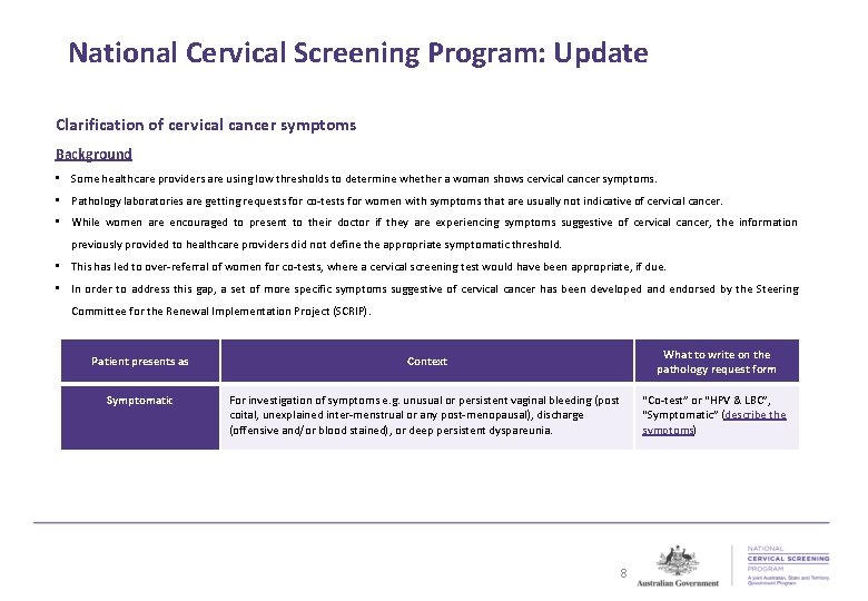 National Cervical Screening Program: Update Clarification of cervical cancer symptoms Background • Some healthcare