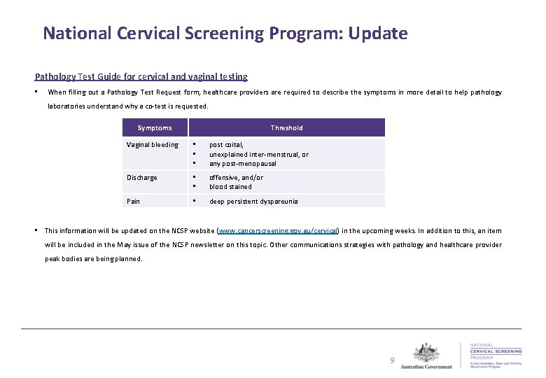 National Cervical Screening Program: Update Pathology Test Guide for cervical and vaginal testing •