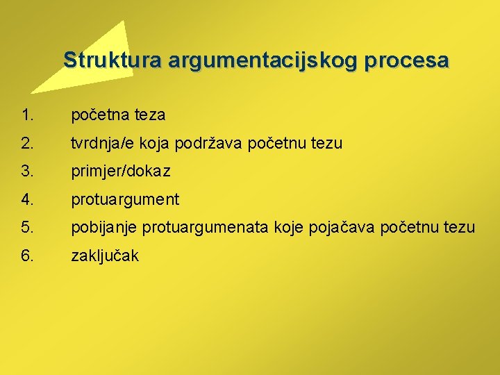  Struktura argumentacijskog procesa 1. početna teza 2. tvrdnja/e koja podržava početnu tezu 3.