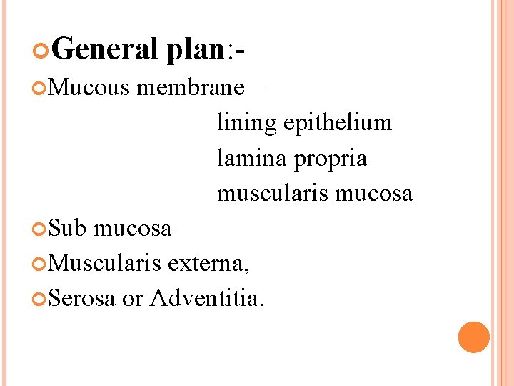  General Mucous plan: - membrane – lining epithelium lamina propria muscularis mucosa Sub