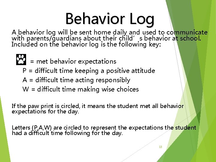 Behavior Log A behavior log will be sent home daily and used to communicate