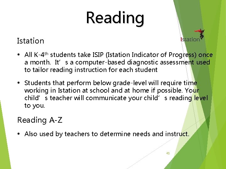 Reading Istation • All K-4 th students take ISIP (Istation Indicator of Progress) once