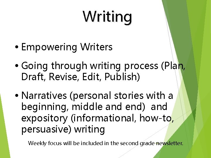 Writing • Empowering Writers • Going through writing process (Plan, Draft, Revise, Edit, Publish)