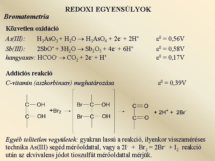 Bromatometria REDOXI EGYENSÚLYOK Közvetlen oxidáció As(III): H 3 As. O 3 + H 2