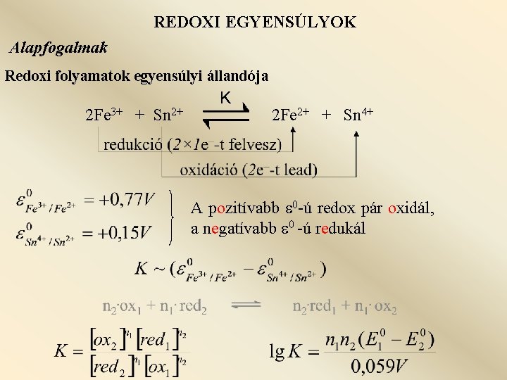 REDOXI EGYENSÚLYOK Alapfogalmak Redoxi folyamatok egyensúlyi állandója 2 Fe 3+ + Sn 2+ K