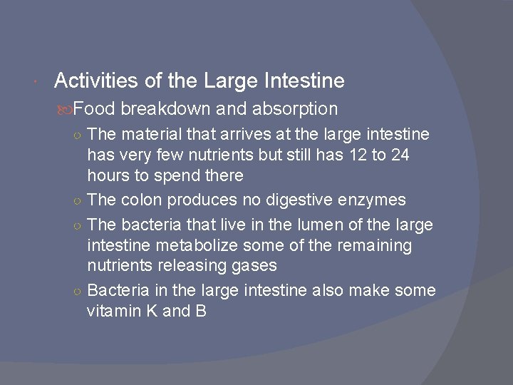  Activities of the Large Intestine Food breakdown and absorption ○ The material that