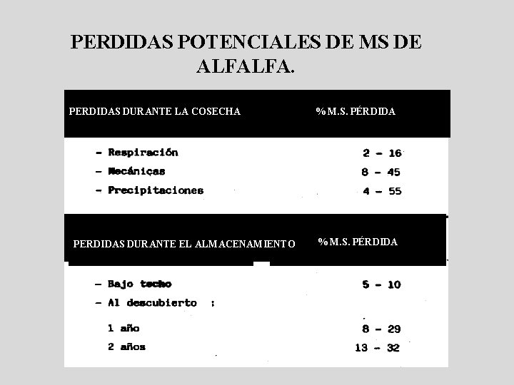 PERDIDAS POTENCIALES DE MS DE ALFALFA. PERDIDAS DURANTE LA COSECHA PERDIDAS DURANTE EL ALMACENAMIENTO