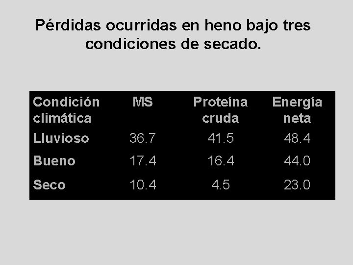 Pérdidas ocurridas en heno bajo tres condiciones de secado. Condición climática Lluvioso MS 36.