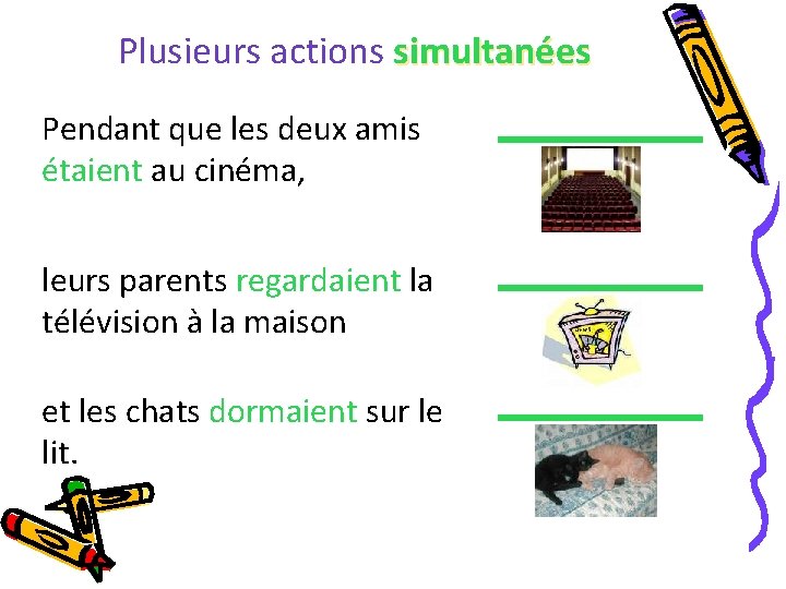 Plusieurs actions simultanées Pendant que les deux amis étaient au cinéma, leurs parents regardaient