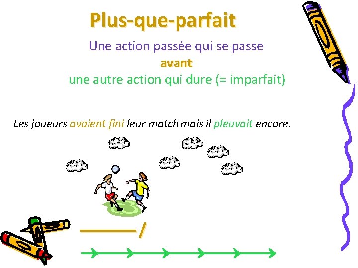 Plus-que-parfait Une action passée qui se passe avant une autre action qui dure (=