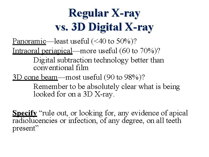Regular X-ray vs. 3 D Digital X-ray Panoramic—least useful (<40 to 50%)? Intraoral periapical—more