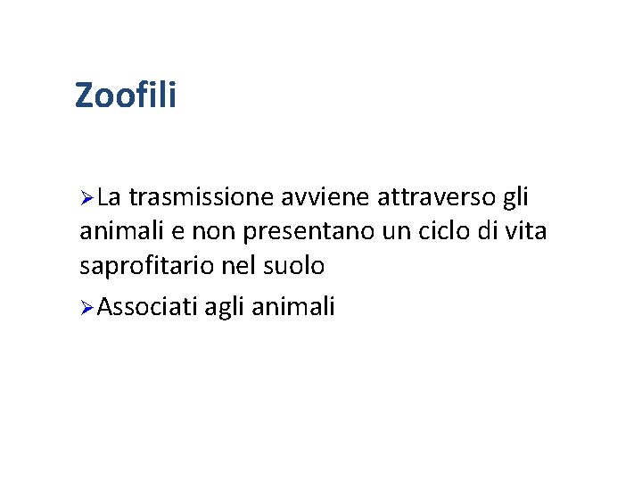 Zoofili ØLa trasmissione avviene attraverso gli animali e non presentano un ciclo di vita