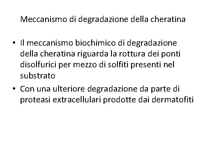 Meccanismo di degradazione della cheratina • Il meccanismo biochimico di degradazione della cheratina riguarda