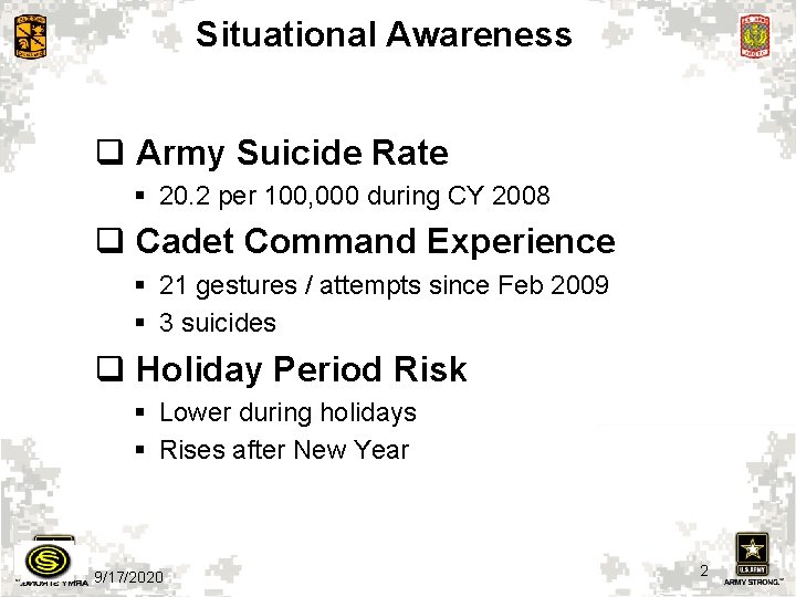 Situational Awareness q Army Suicide Rate § 20. 2 per 100, 000 during CY