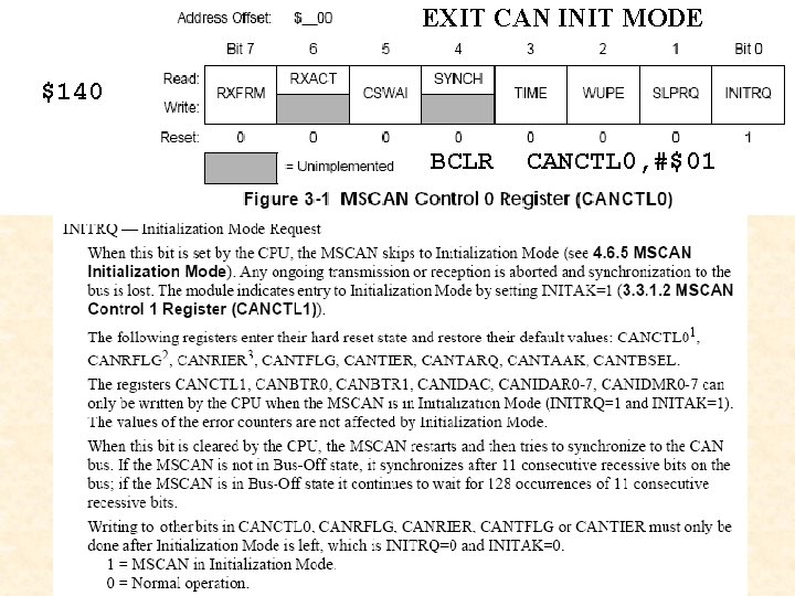 EXIT CAN INIT MODE $140 BCLR CANCTL 0, #$01 