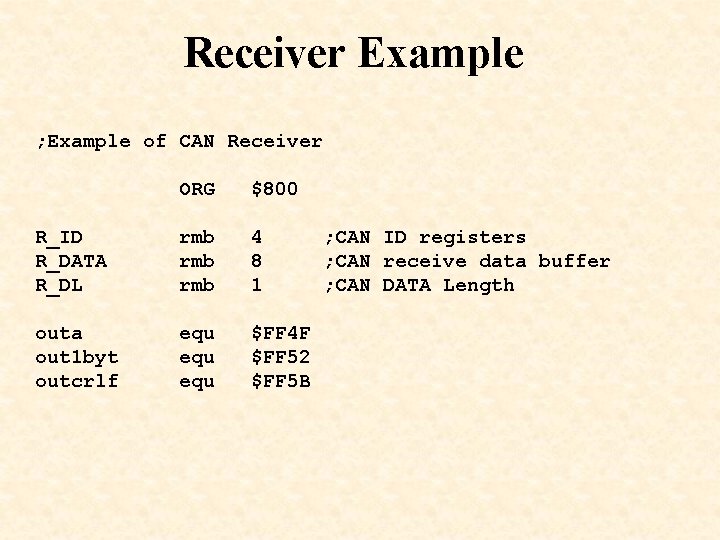 Receiver Example ; Example of CAN Receiver ORG $800 R_ID R_DATA R_DL rmb rmb