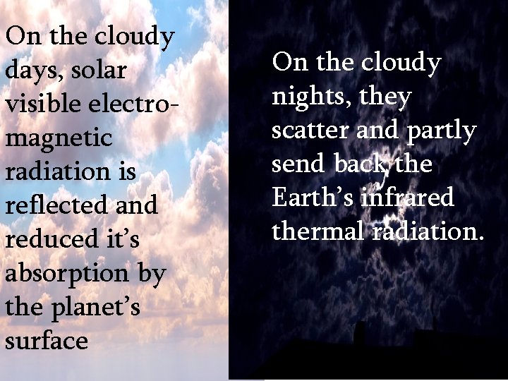 On the cloudy days, solar visible electromagnetic radiation is reflected and reduced it’s absorption