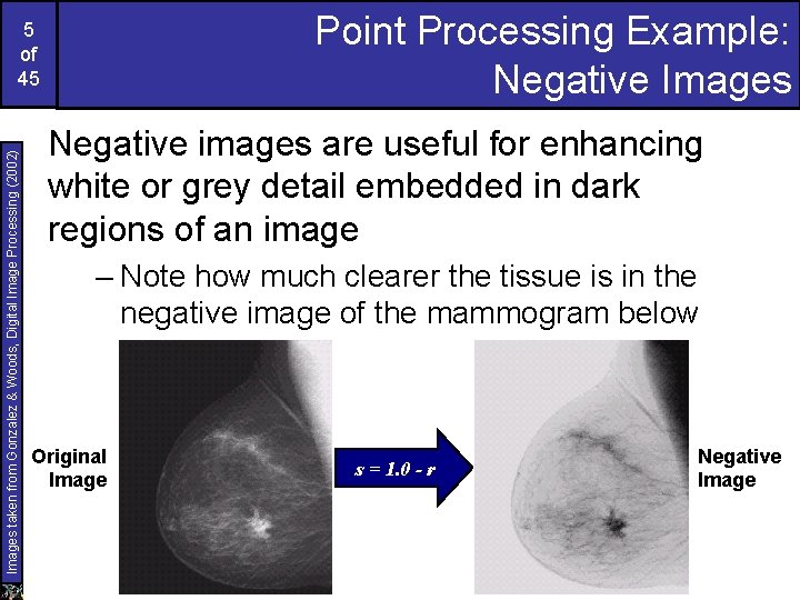 Point Processing Example: Negative Images taken from Gonzalez & Woods, Digital Image Processing (2002)