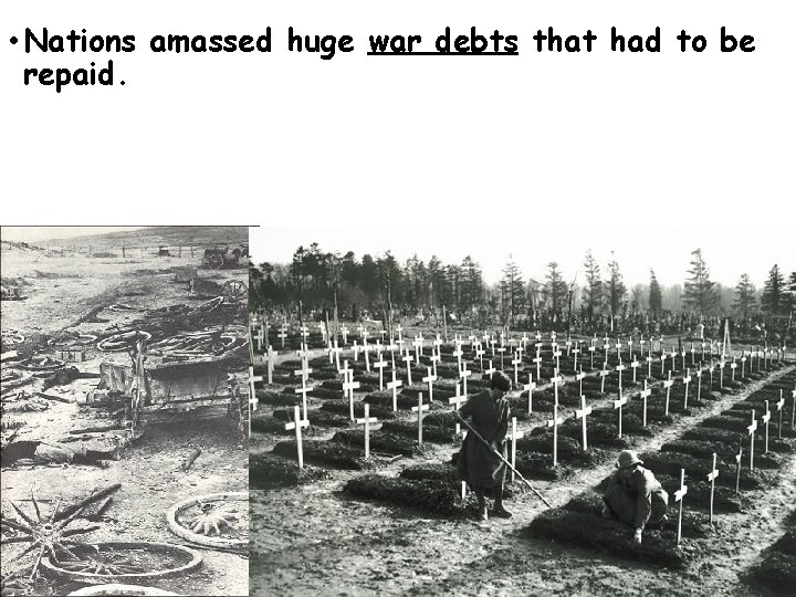  • Nations amassed huge war debts that had to be repaid. 