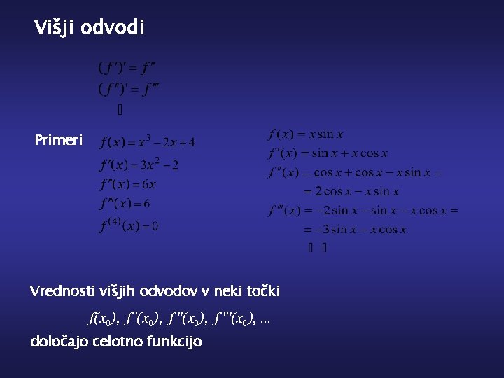 Višji odvodi Primeri Vrednosti višjih odvodov v neki točki f(x 0), f ''(x 0),
