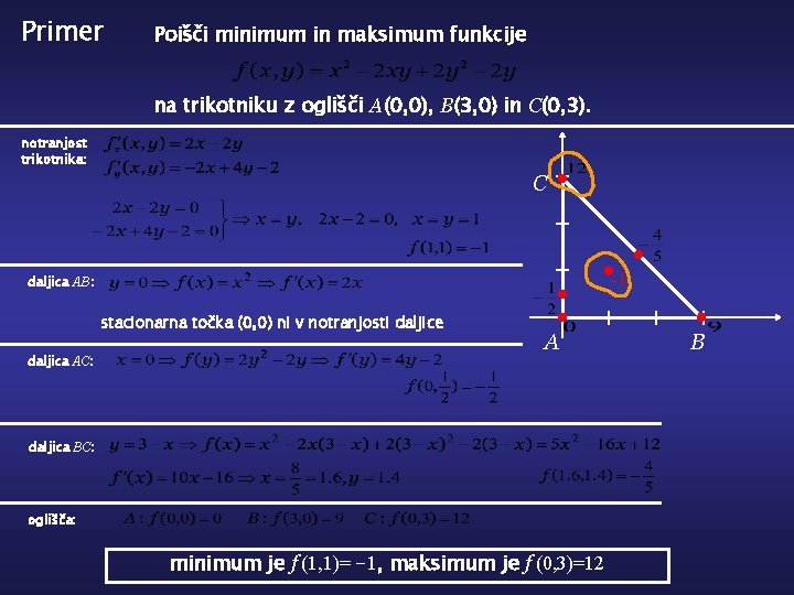 Primer Poišči minimum in maksimum funkcije na trikotniku z oglišči A(0, 0), B(3, 0)