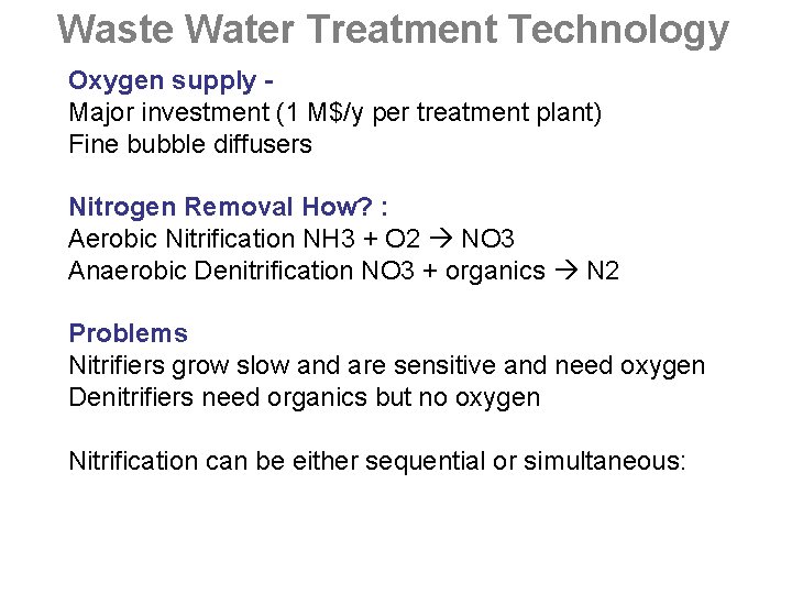 Waste Water Treatment Technology Oxygen supply Major investment (1 M$/y per treatment plant) Fine