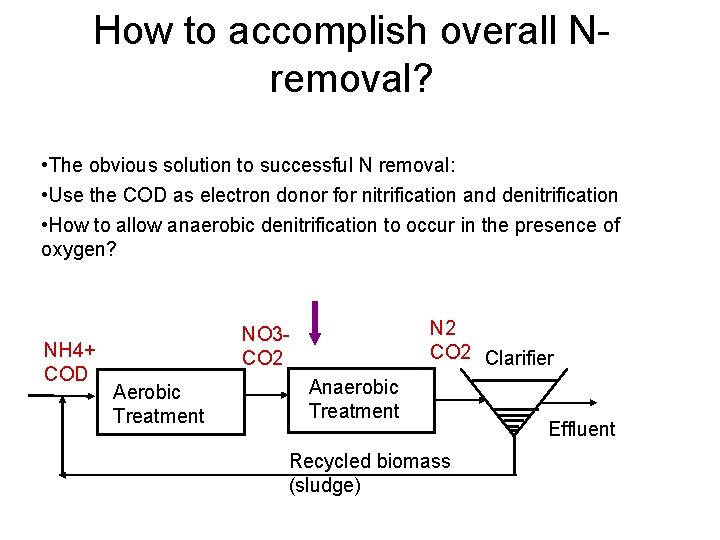 How to accomplish overall N removal? • The obvious solution to successful N removal: