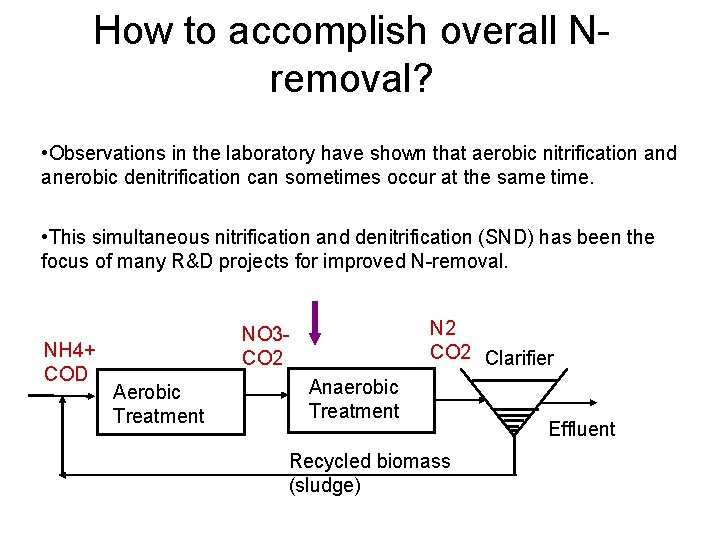 How to accomplish overall N removal? • Observations in the laboratory have shown that