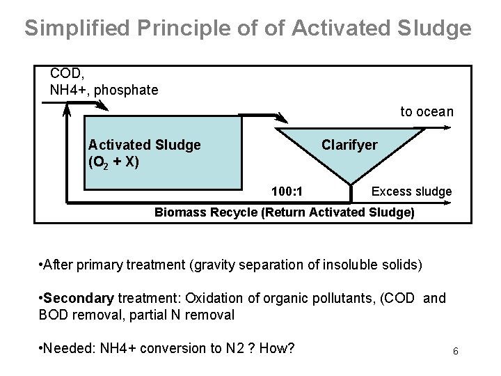Simplified Principle of of Activated Sludge COD, NH 4+, phosphate to ocean Activated Sludge