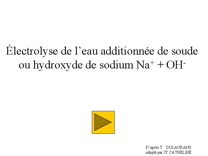 Électrolyse de l’eau additionnée de soude ou hydroxyde de sodium Na+ + OH- D’après